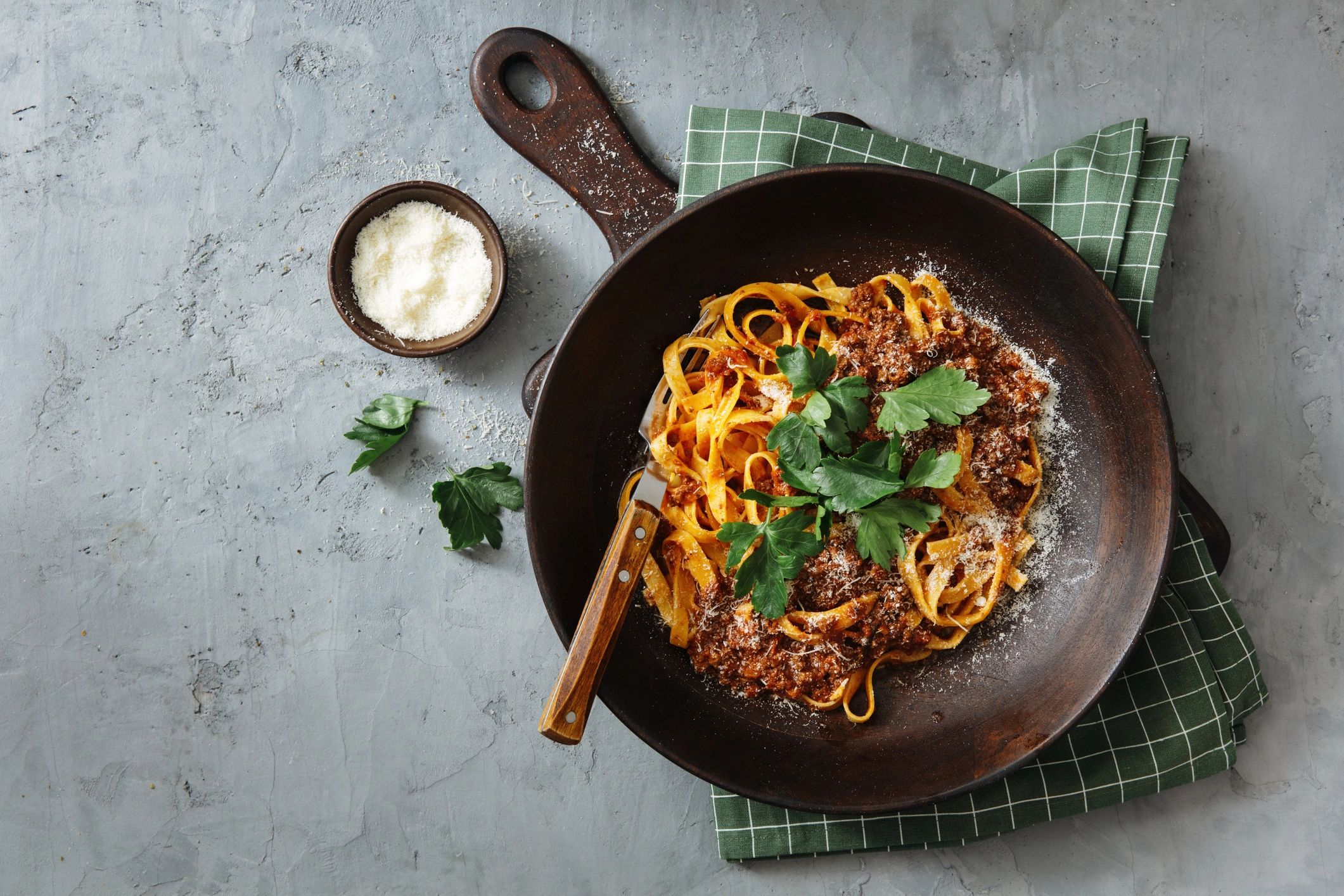 Classic tagliatelle with bolognese sauce, top-down view