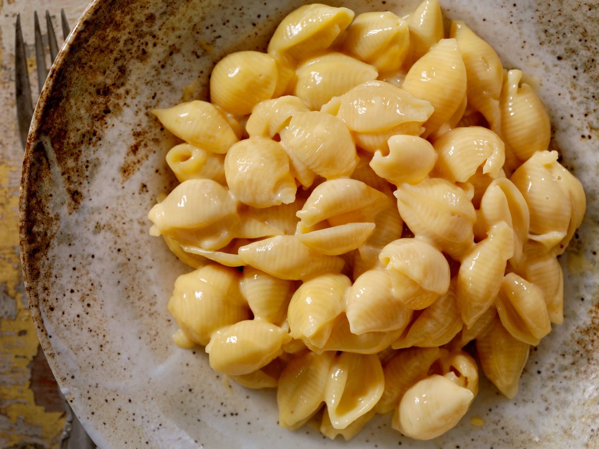 Creamy pasta shells with peas in a bowl