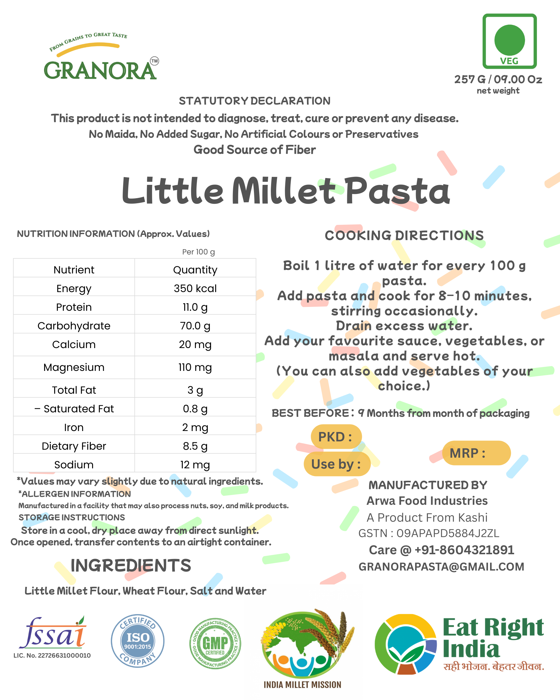 Granora Little Millet Pasta (Penne) – 250g - Image 3
